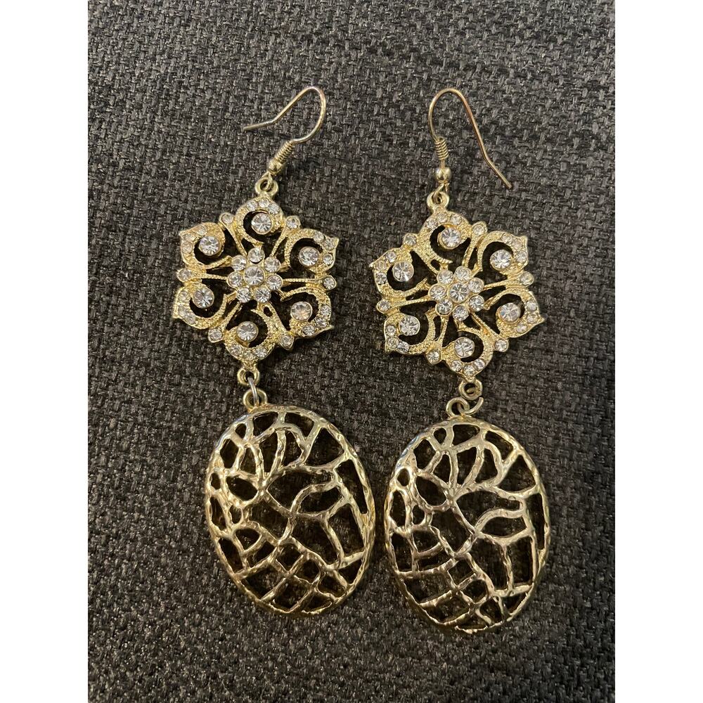 Sparkly Gold Tone Dangle Earrings | Rhinestone Statement Earrings - Picture 2 of 3